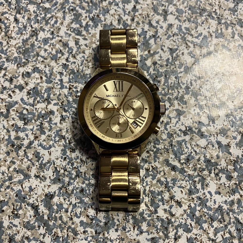Michael Kors Gold-Tone Roman Numeral Chronograph Watch WORKING!